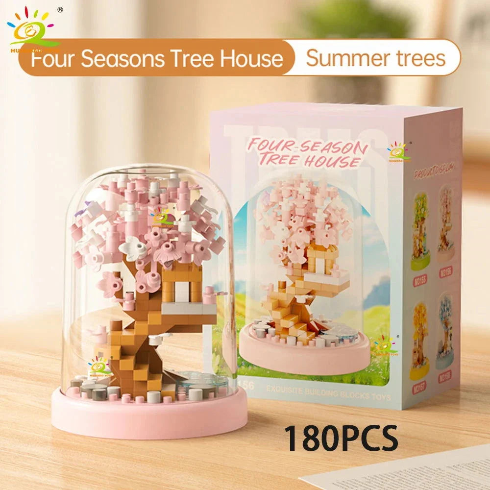 Four Seasons Mini Tree House with Display Box Model Mini Figurines Building Block Puzzles