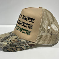 My Body Is A Machine That Turns Cigarettes Into Smoked Cigarettes custom embroidered Camo/tan Mesh SnapBack hat