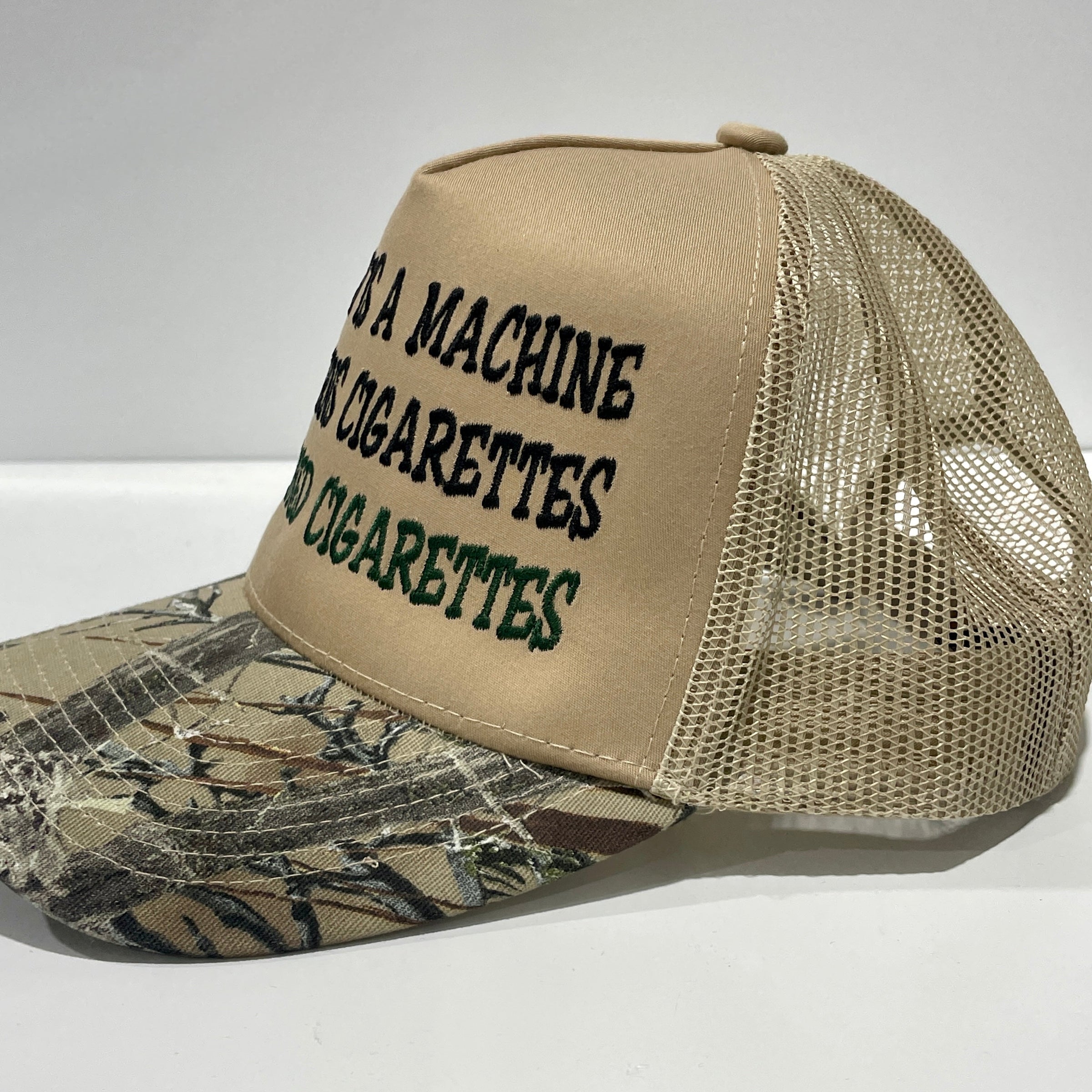 My Body Is A Machine That Turns Cigarettes Into Smoked Cigarettes custom embroidered Camo/tan Mesh SnapBack hat