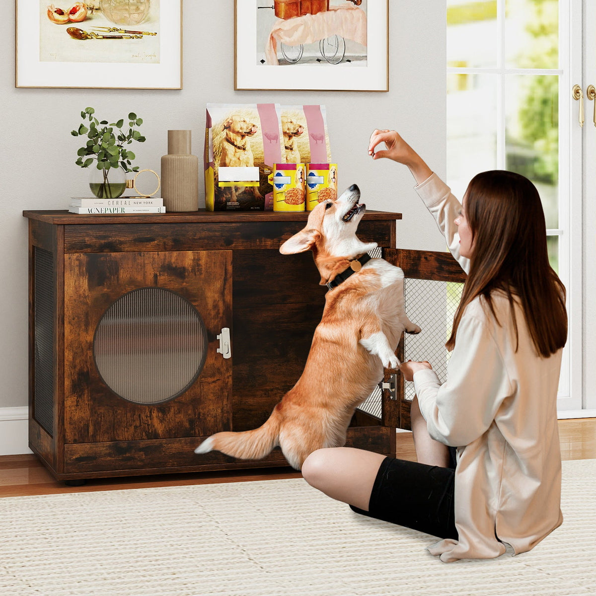 Furniture Style Dog Crate for Small and Medium Dogs with Translucent Window and Lockable Door-Rustic Brown