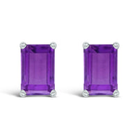 14K White Gold 6x4MM Emerald Shaped Amethyst Solitaire Stud Earrings
