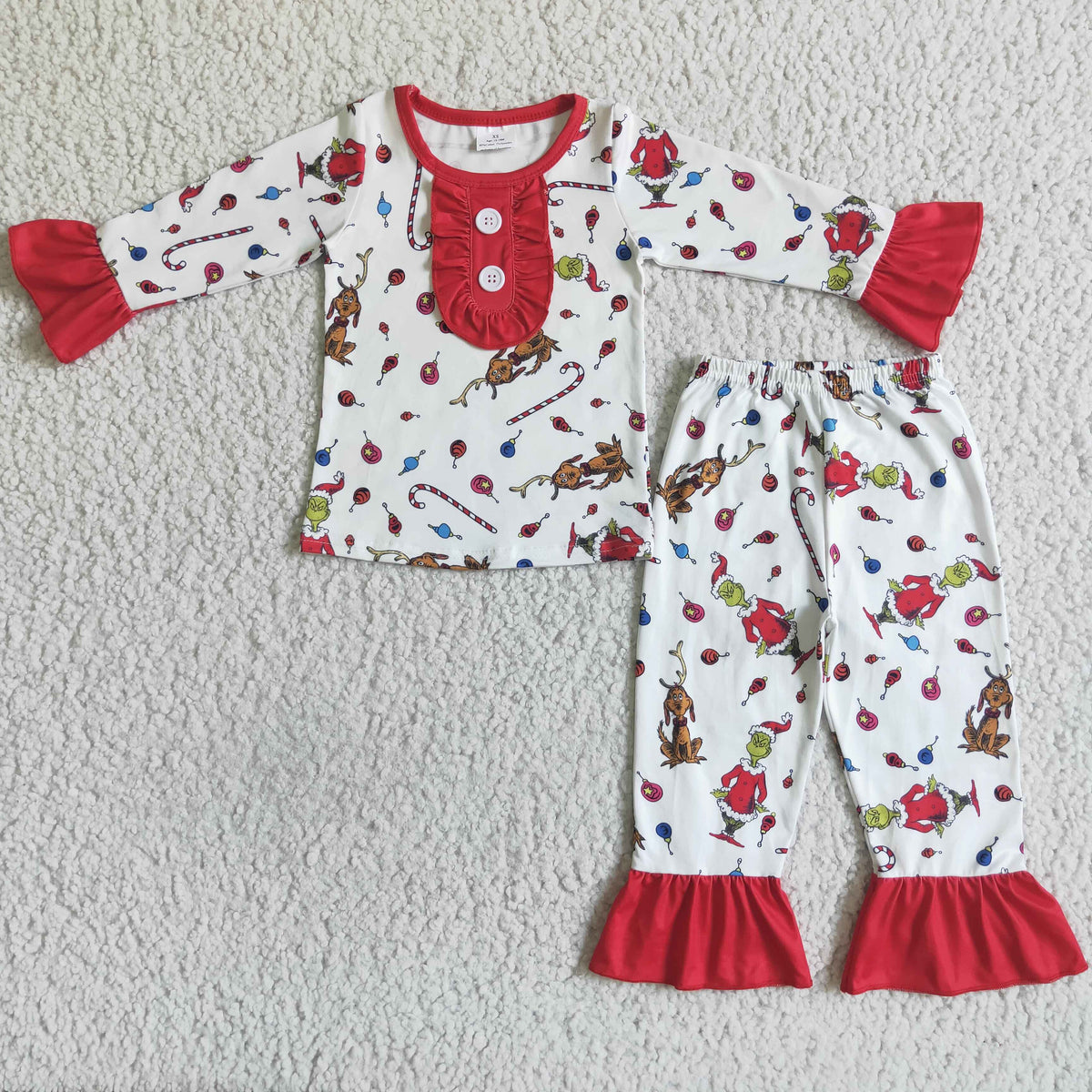 Green face print long sleeve baby girls Christmas pajamas - BIG FRENCHIES