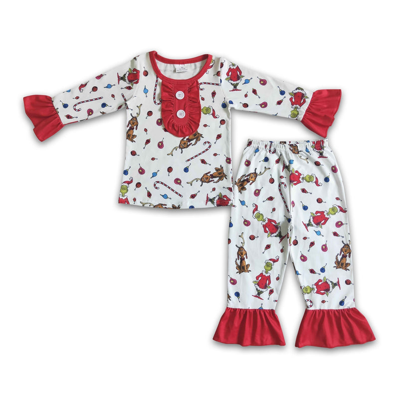 Green face print long sleeve baby girls Christmas pajamas - BIG FRENCHIES