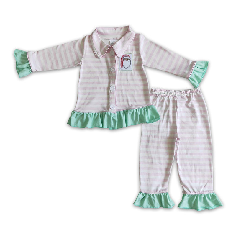 Pink stripe santa embroidery baby girls Christmas pajamas - BIG FRENCHIES