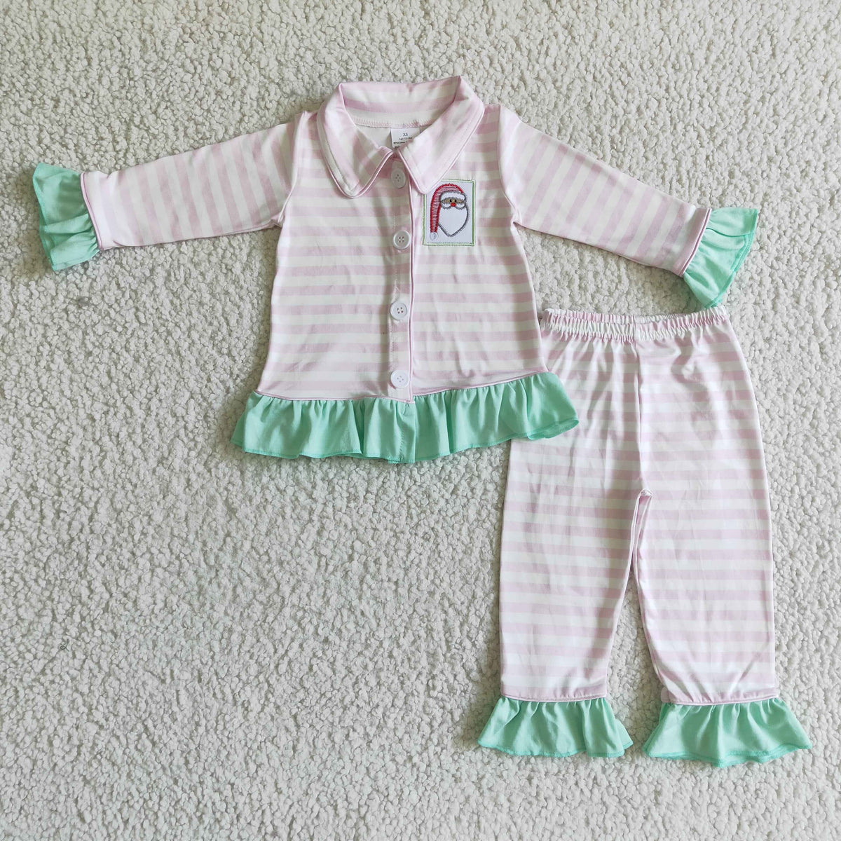 Pink stripe santa embroidery baby girls Christmas pajamas - BIG FRENCHIES
