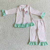 Pink stripe santa embroidery baby girls Christmas pajamas - BIG FRENCHIES
