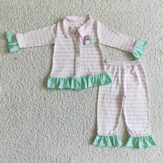 Pink stripe santa embroidery baby girls Christmas pajamas - BIG FRENCHIES