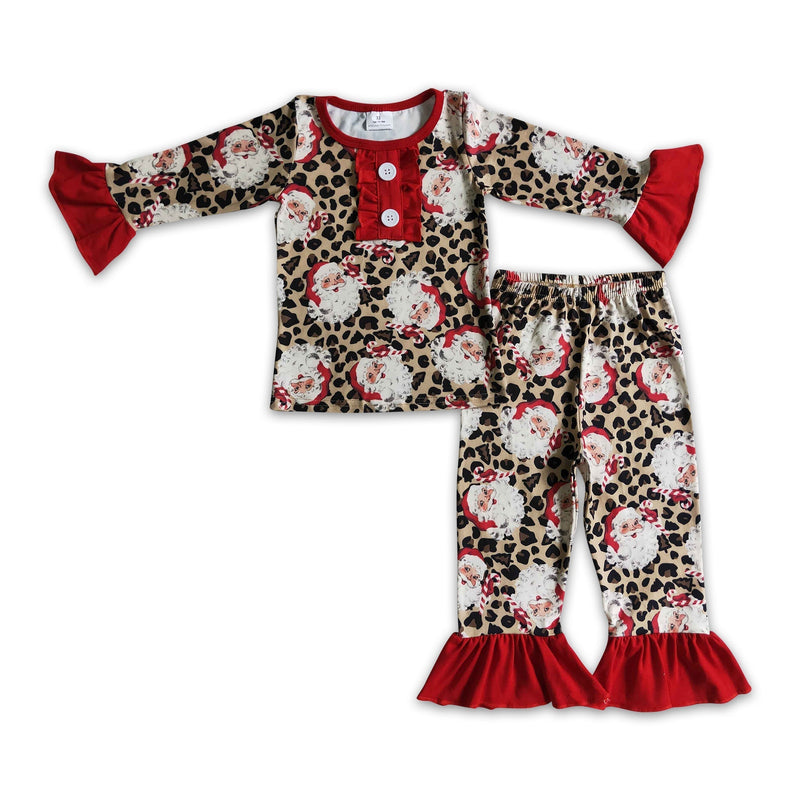 Leopard santa kids girls Christmas pajamas set - BIG FRENCHIES
