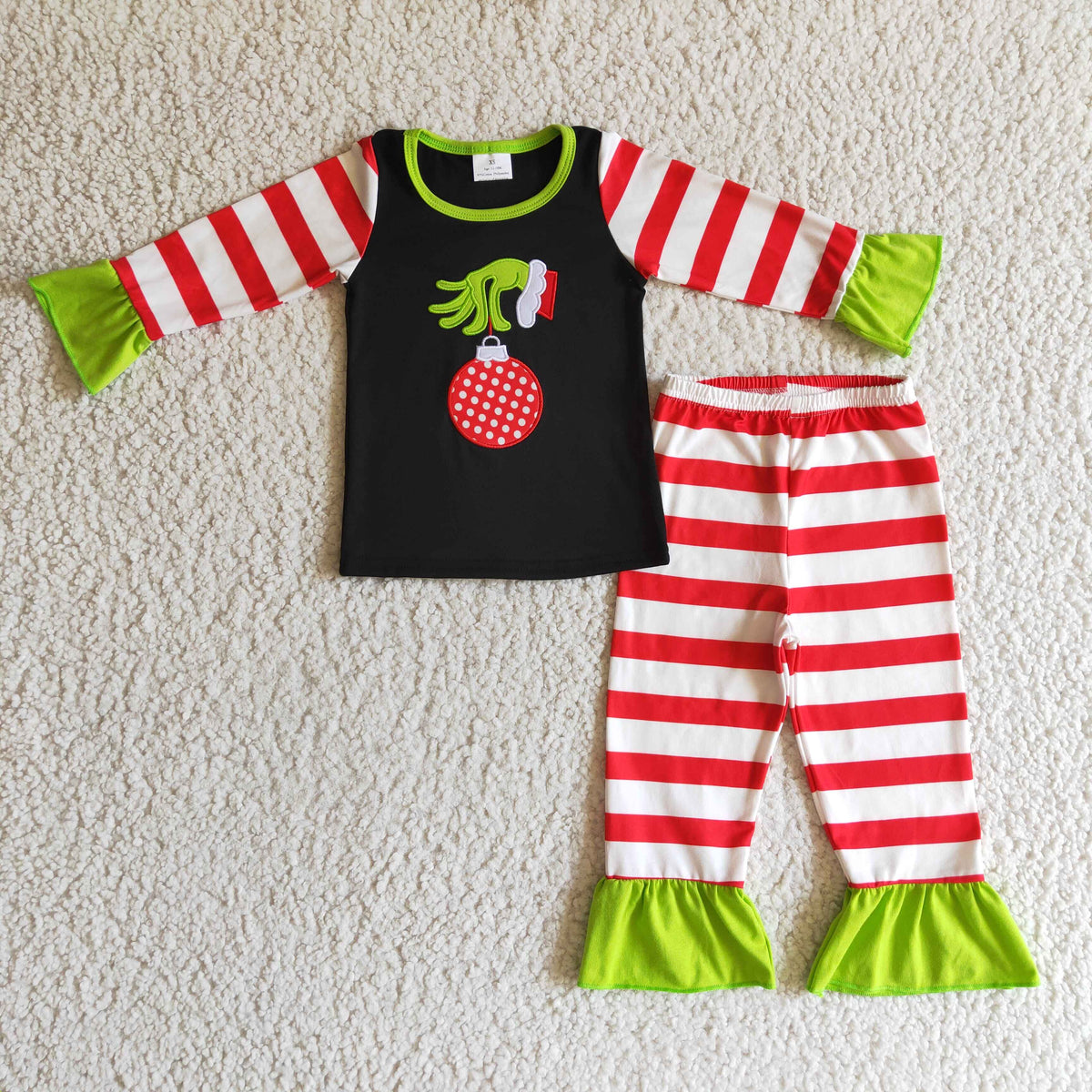 Jingle bell embroidery green face kids girls Christmas pajamas - BIG FRENCHIES