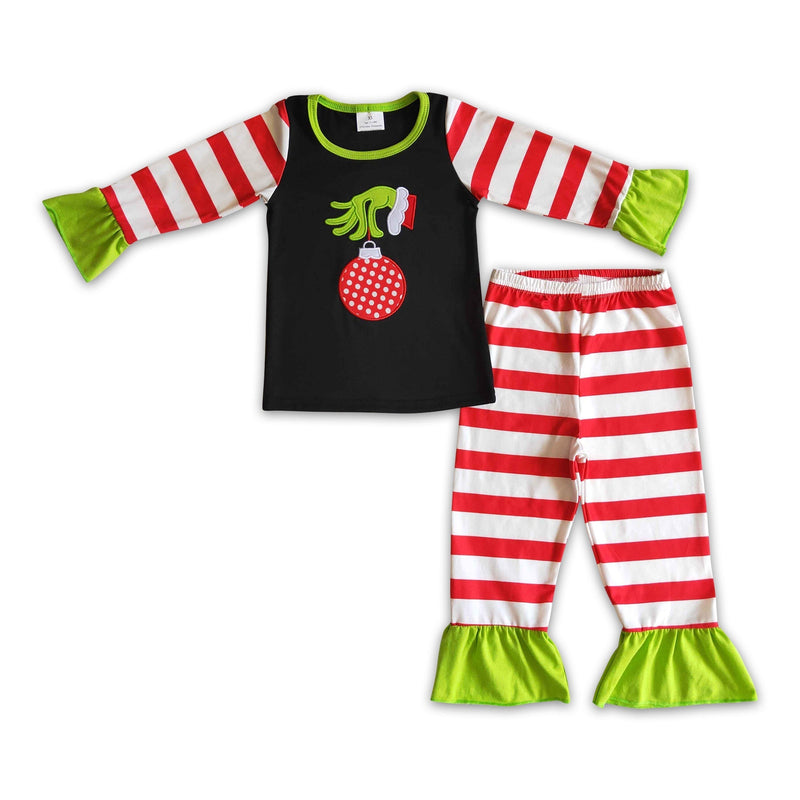 Jingle bell embroidery green face kids girls Christmas pajamas - BIG FRENCHIES
