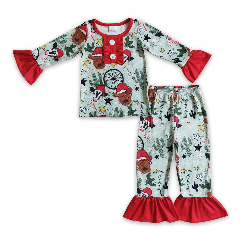 Highland cow cactus kids girls western Christmas pajamas - BIG FRENCHIES