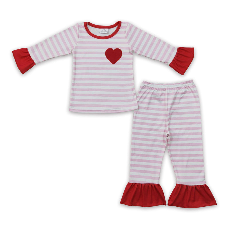 Red heart embroidery pink stripe baby girls valentine's pajamas - BIG FRENCHIES