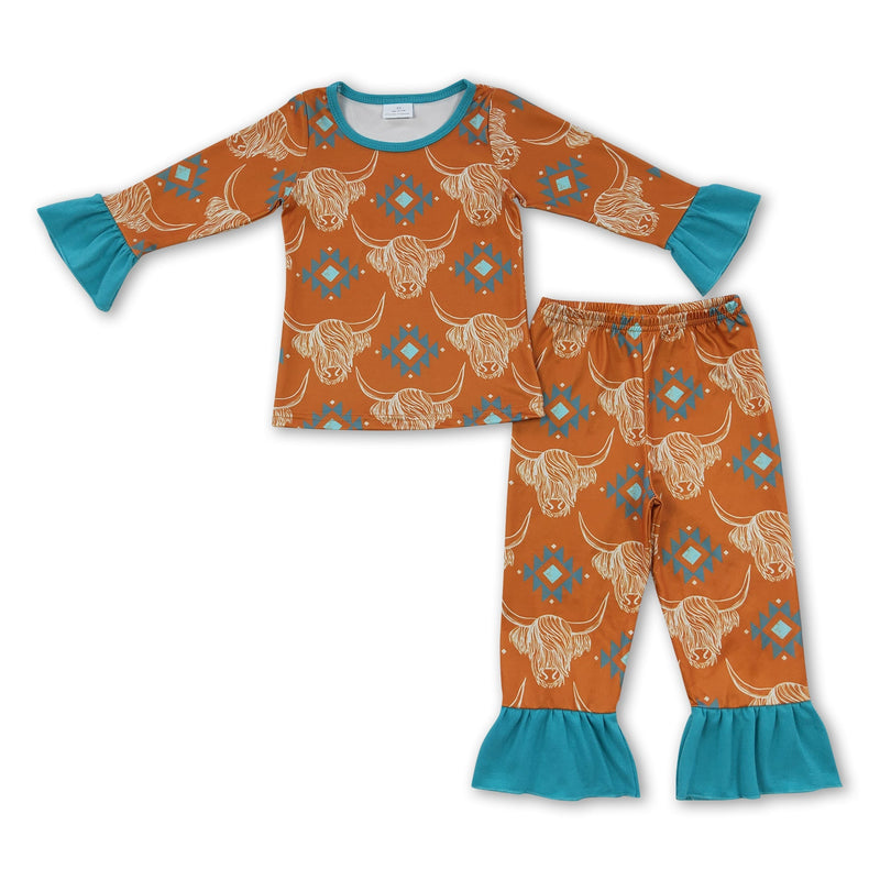 Highland cow aztec long sleeves girls pajamas - BIG FRENCHIES