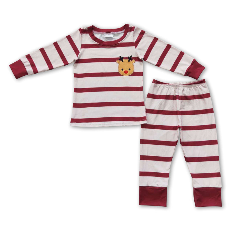 Reindeer embroidery red stripe kids girls Christmas pajamas - BIG FRENCHIES