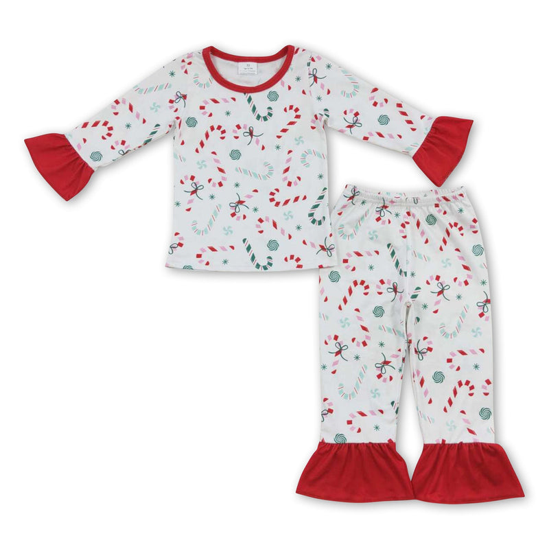 Candy cane ruffle long sleeves kids girls Christmas pajamas - BIG FRENCHIES