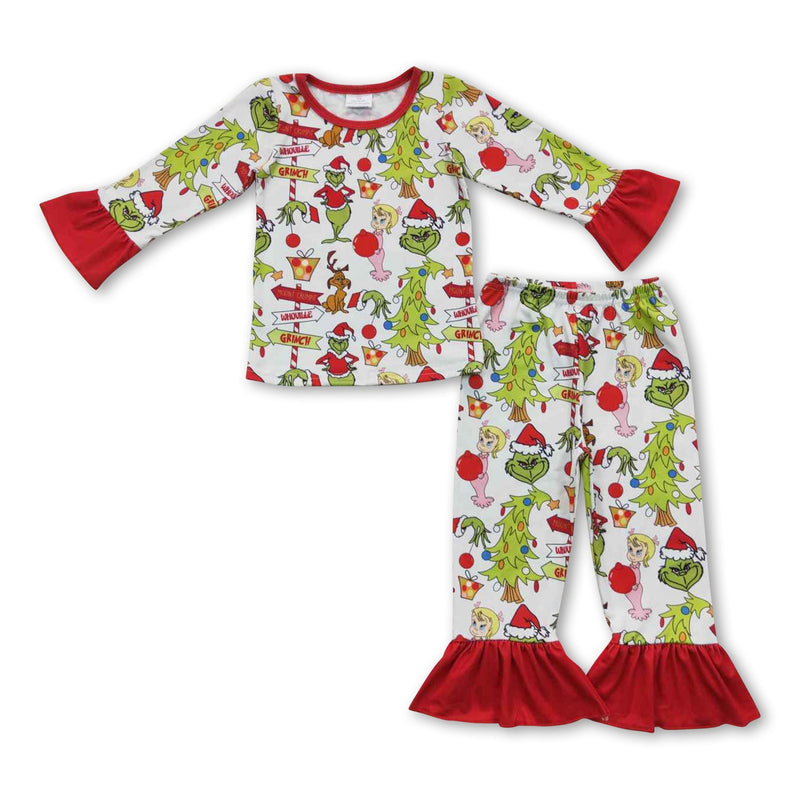Long sleeves green face gifts kids girls Christmas pajamas - BIG FRENCHIES