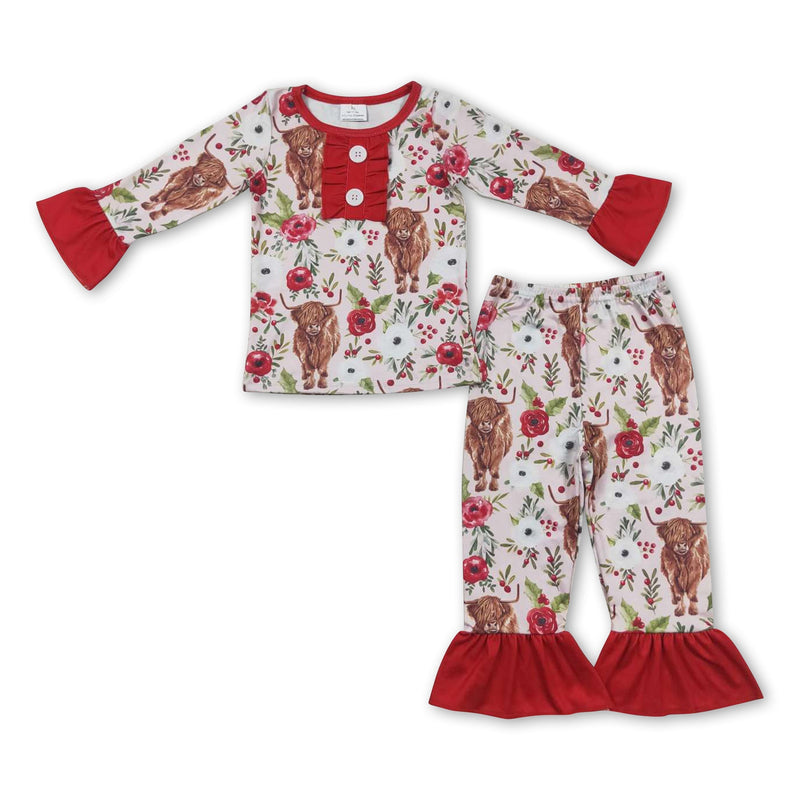 Red floral highland cow long sleeves girls Christmas pajamas - BIG FRENCHIES