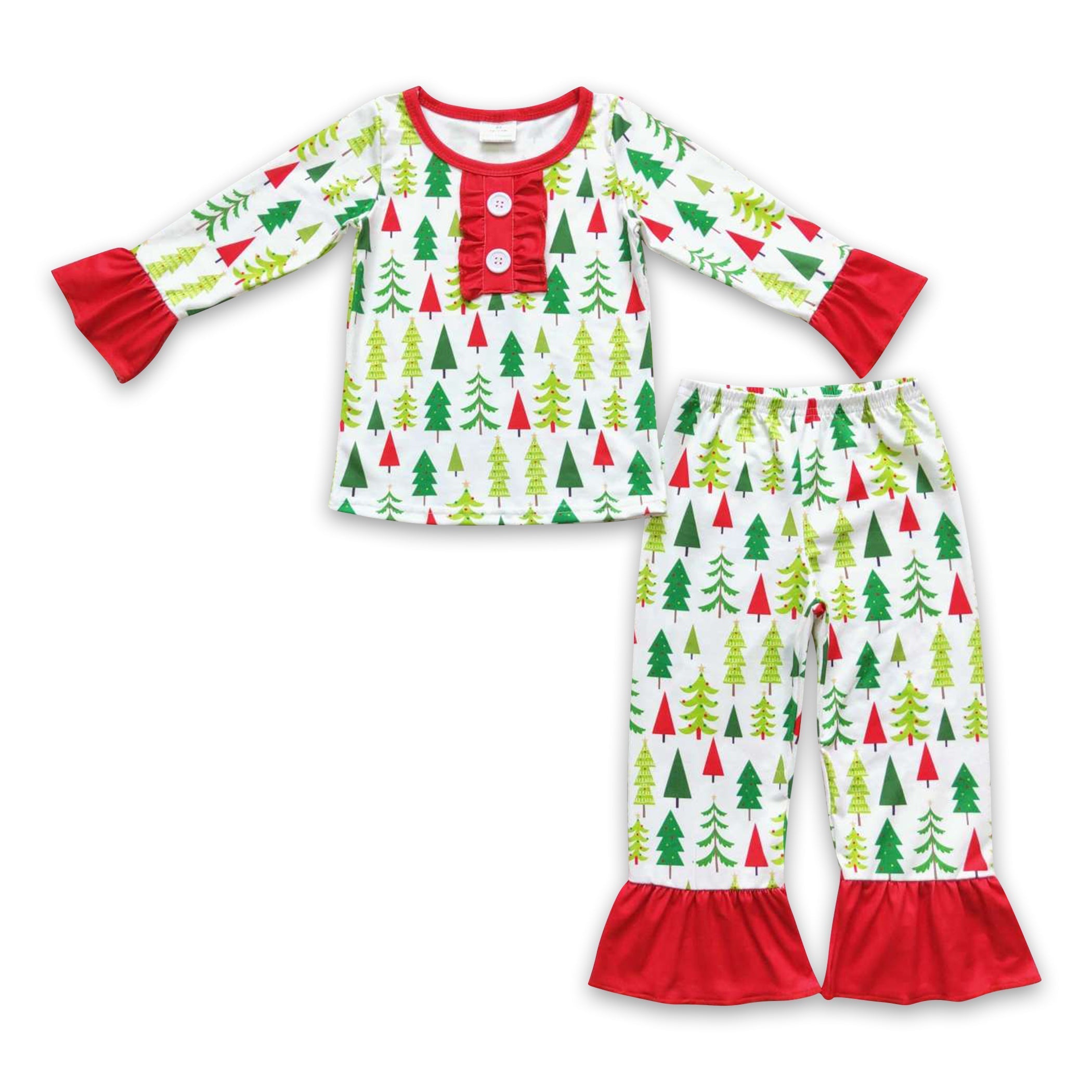 Christmas tree long sleeves ruffle baby girls pajamas - BIG FRENCHIES