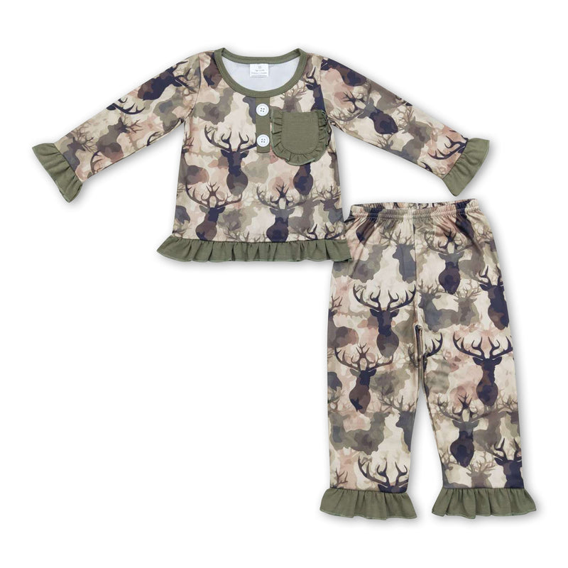 Deer camo pocket ruffle long sleeves girls pajamas - BIG FRENCHIES