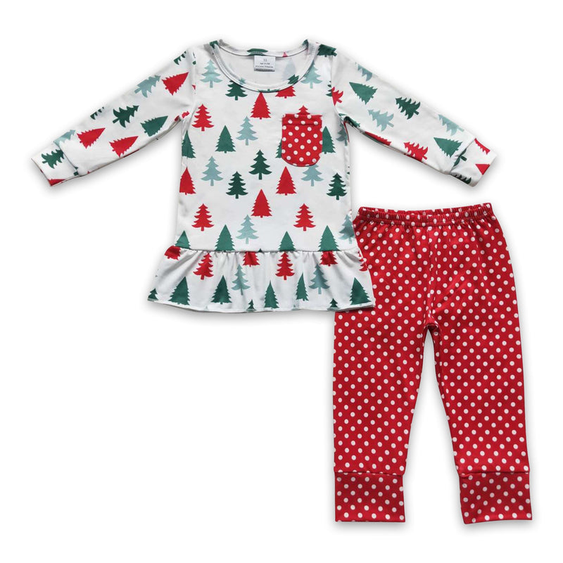 Christmas tree ruffle polka dots top pants girls pajamas - BIG FRENCHIES