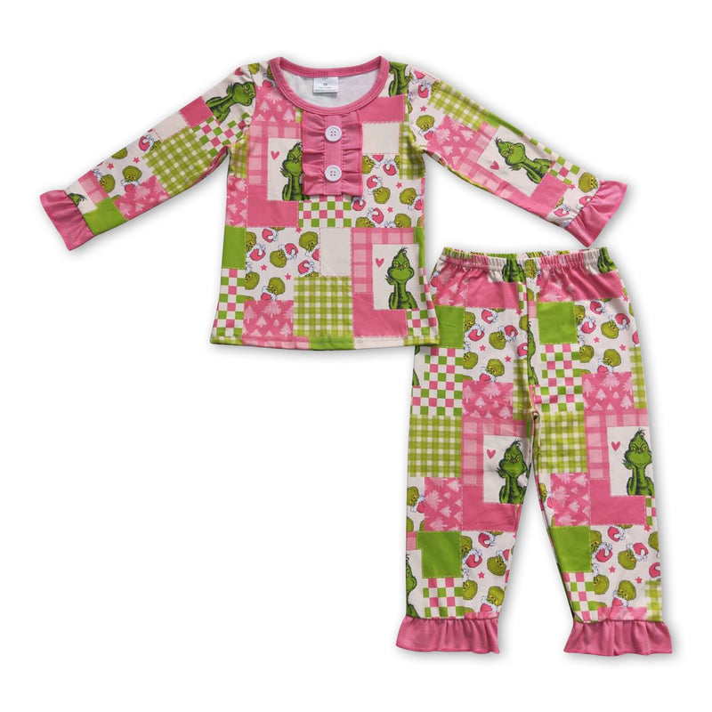 Pink green face plaid patchwork kids girls Christmas pajamas - BIG FRENCHIES