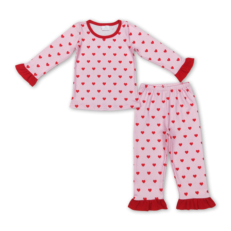 Pink heart ruffle long sleeves girls Valentine's day pajamas - BIG FRENCHIES