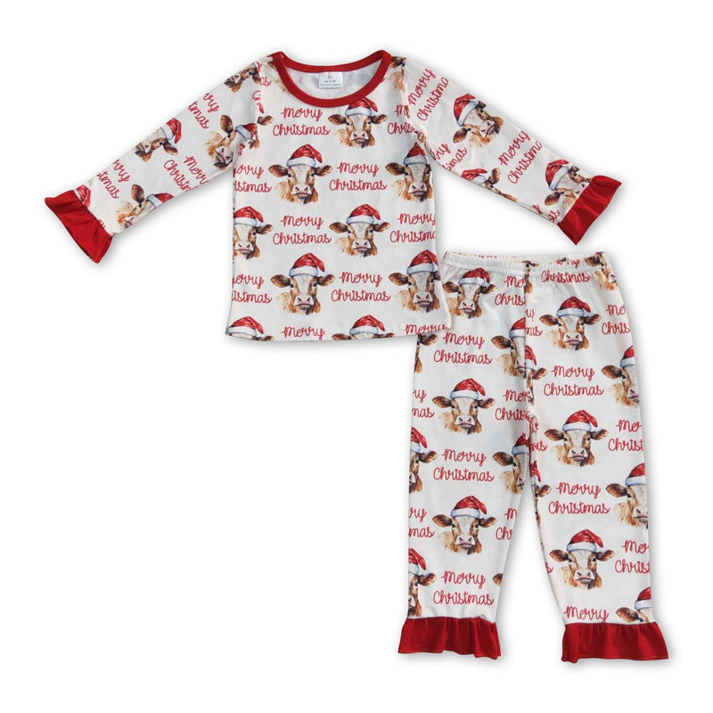 Merry Christmas cow ruffle long sleeves girls pajamas - BIG FRENCHIES