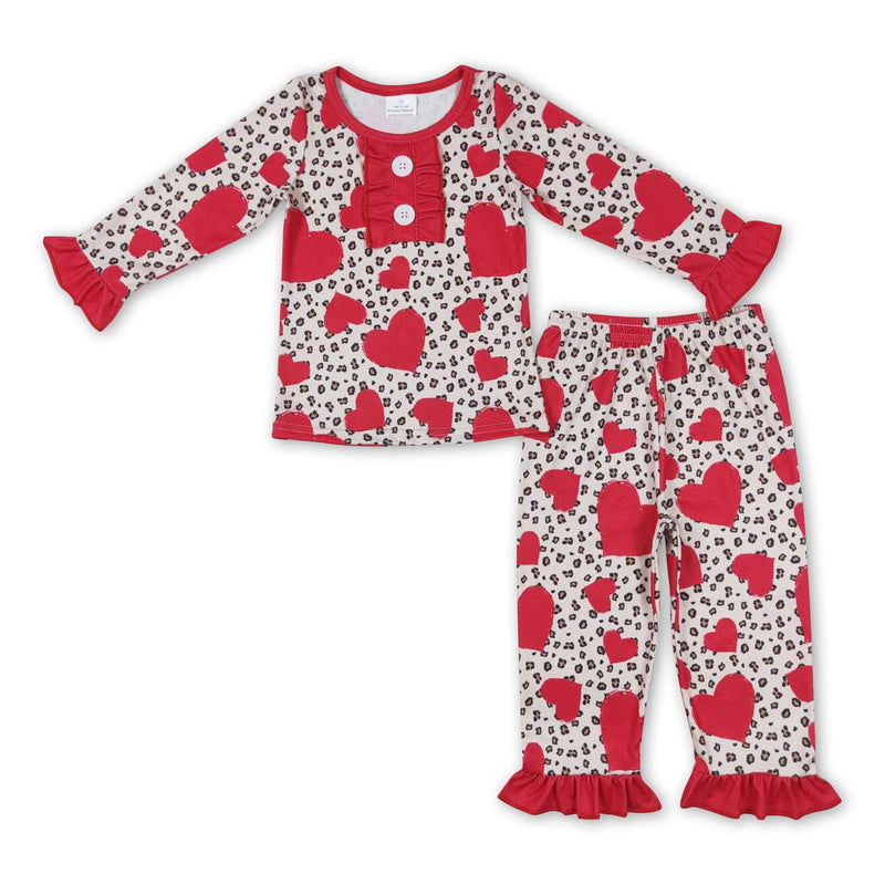 Leopard heart ruffle long sleeves girls valentine's pajamas - BIG FRENCHIES