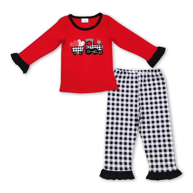 Red plaid truck heart tunic pants ruffle girls Valentine's pajamas - BIG FRENCHIES