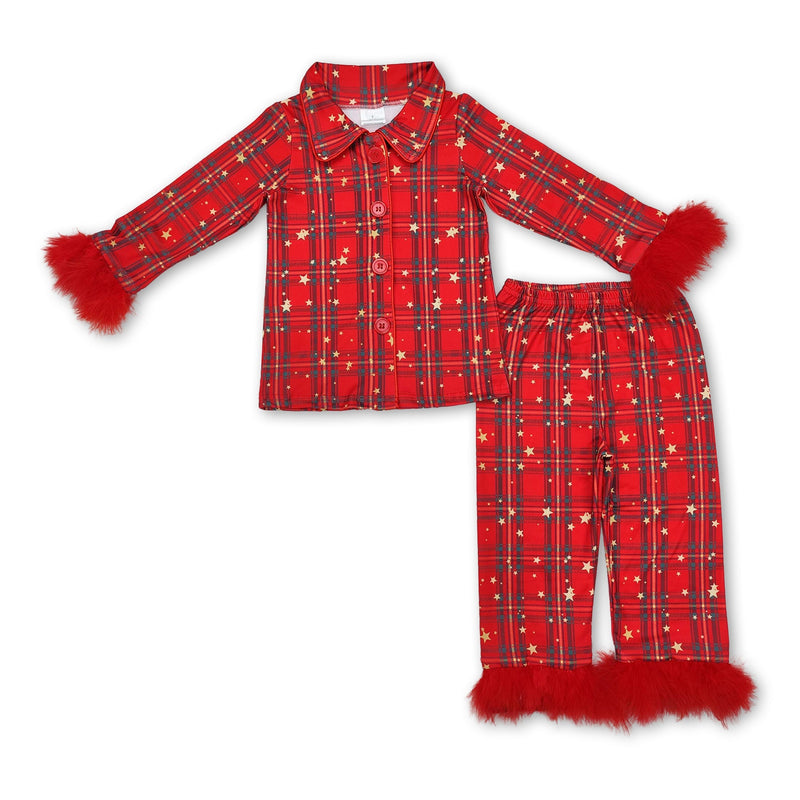 Red stars plaid kids girls button down Christmas pajamas - BIG FRENCHIES