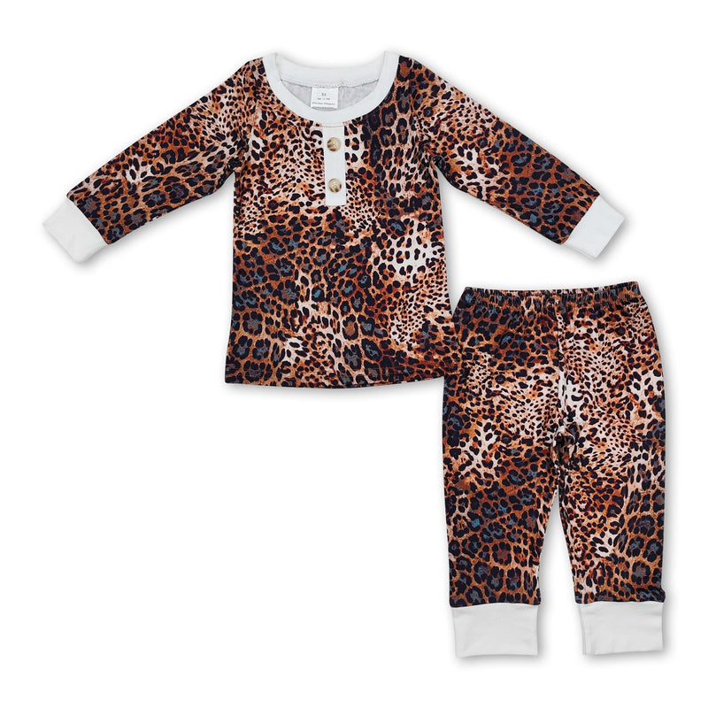 Brown leopard long sleeves kids girls pajamas - BIG FRENCHIES