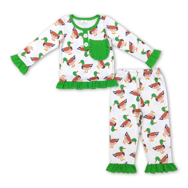 Green long sleeves duck pocket ruffle baby girls pajamas - BIG FRENCHIES
