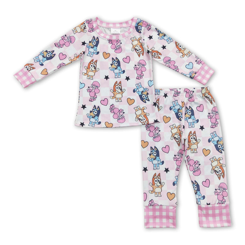 Pink plaid dogs heart kids girls valentines pajamas - BIG FRENCHIES