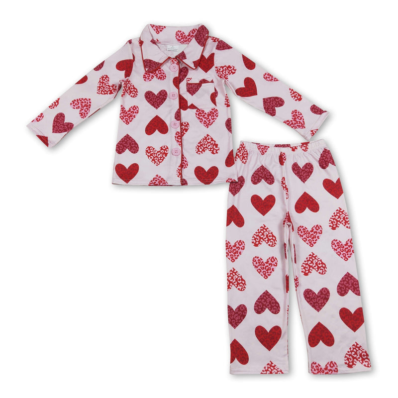 Pink leopard heart girls valentine's button down pajamas - BIG FRENCHIES