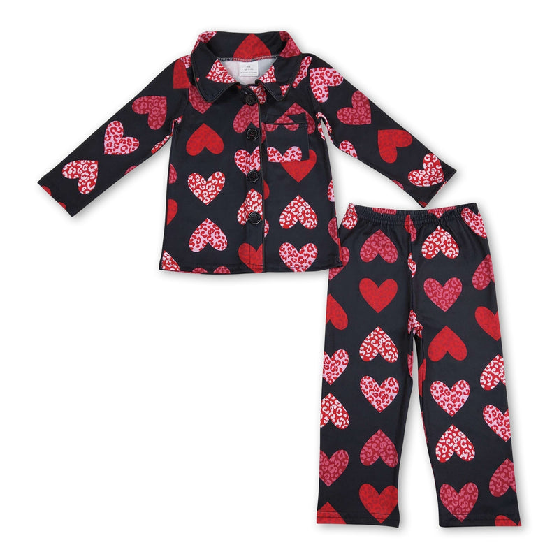 Black leopard heart girls valentine's button down pajamas - BIG FRENCHIES