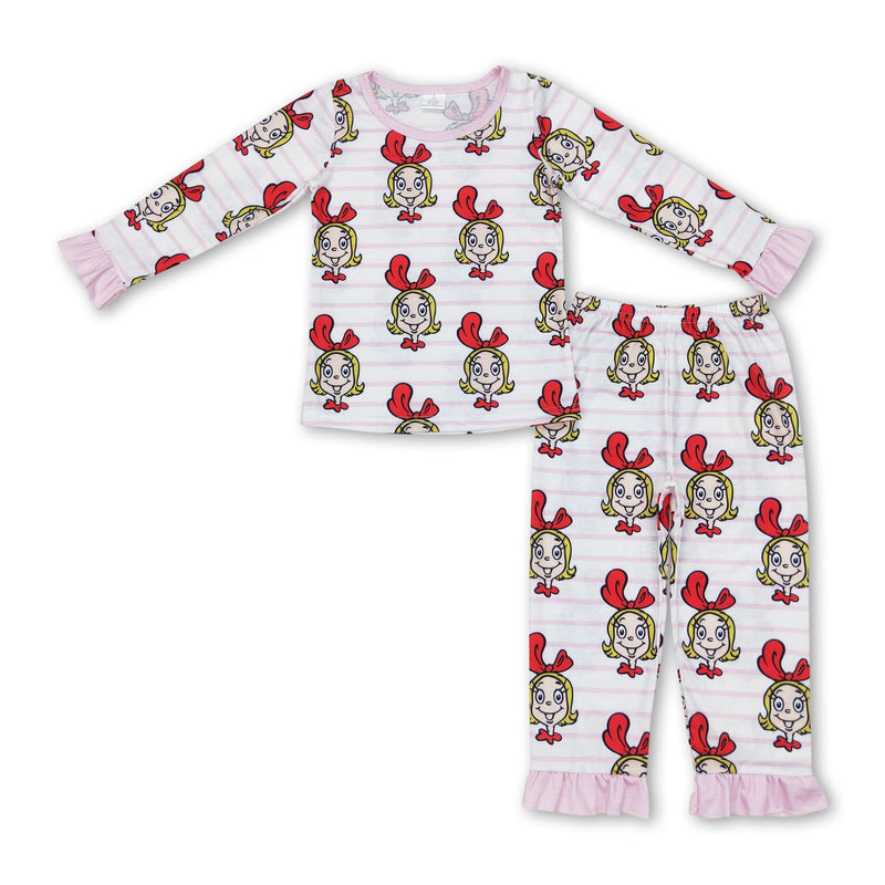 Long sleeves pink stripe kids girls Christmas pajamas - BIG FRENCHIES