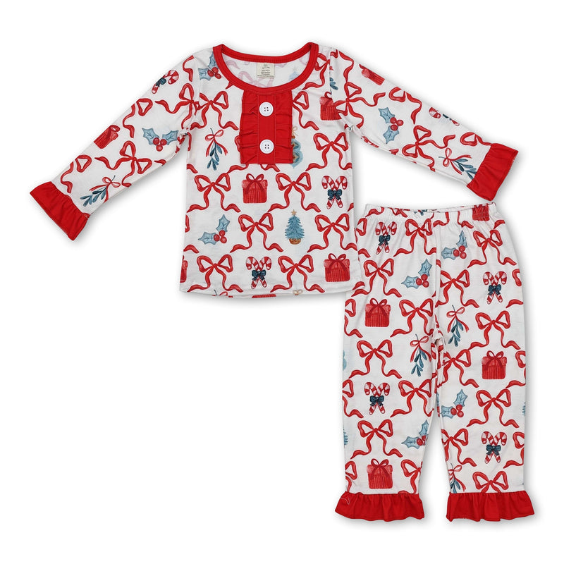 Long sleeves bow gift candy cane girls Christmas pajamas - BIG FRENCHIES