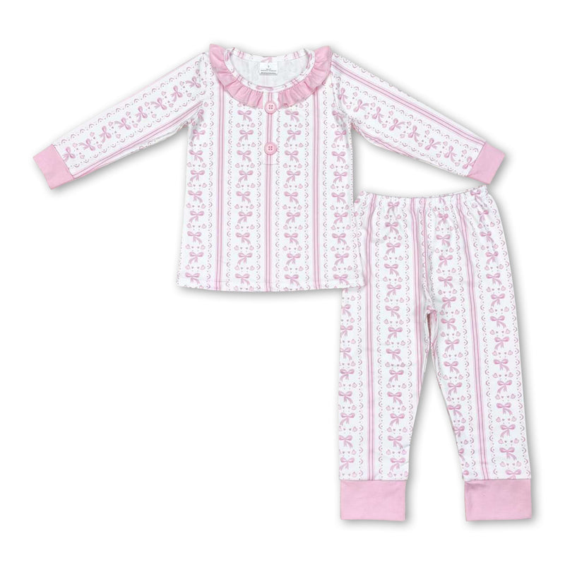 Long sleeves pink bow kids girls pajamas - BIG FRENCHIES