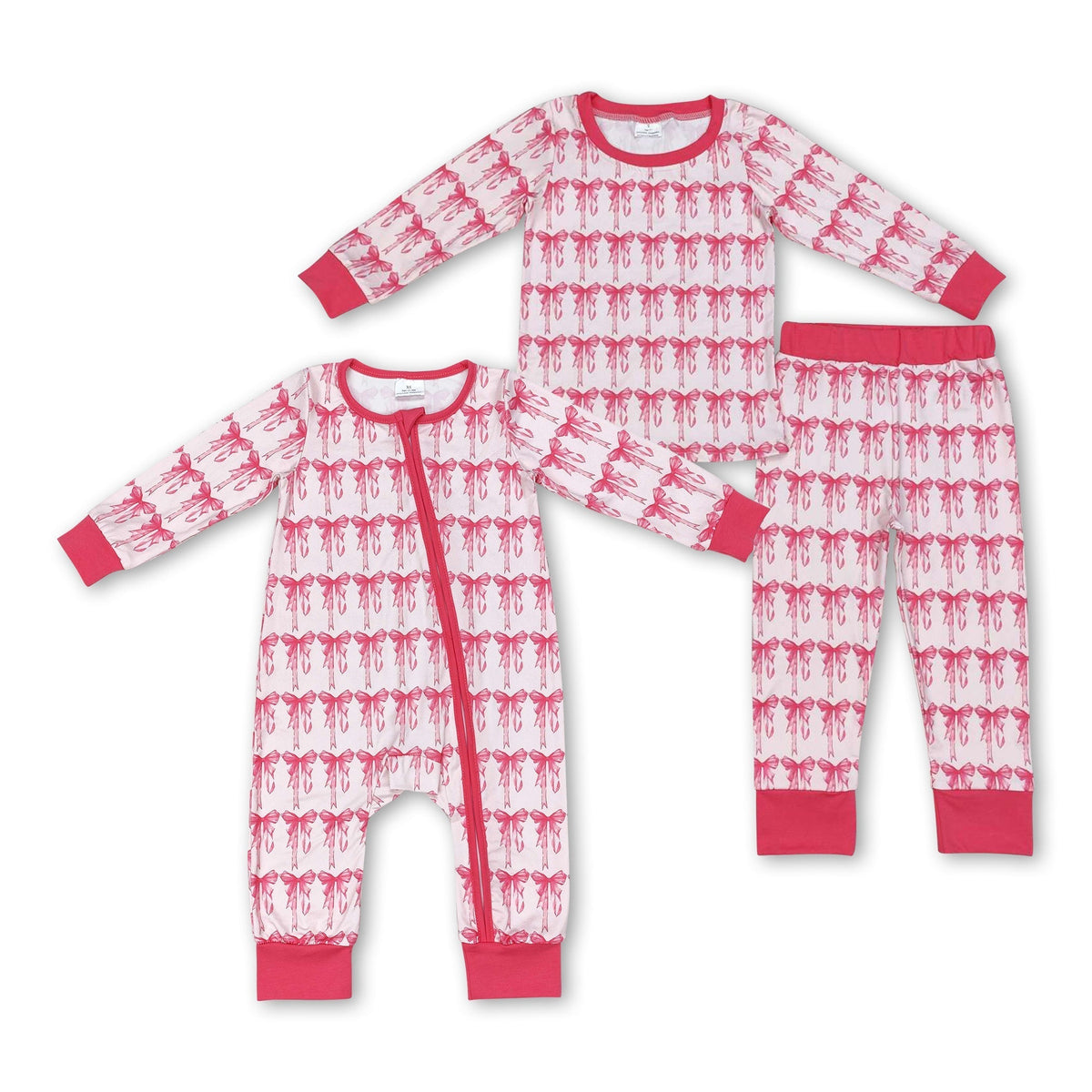 Long sleeves pink bow kids girls pajamas - BIG FRENCHIES