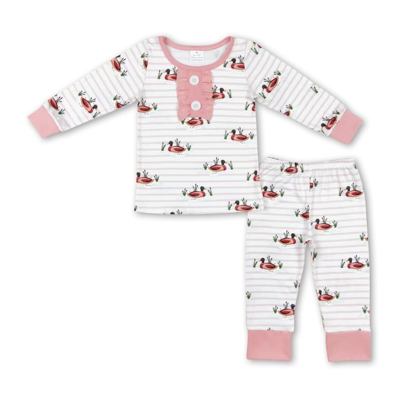 Long sleeves pink stripe duck kids girls pajamas - BIG FRENCHIES