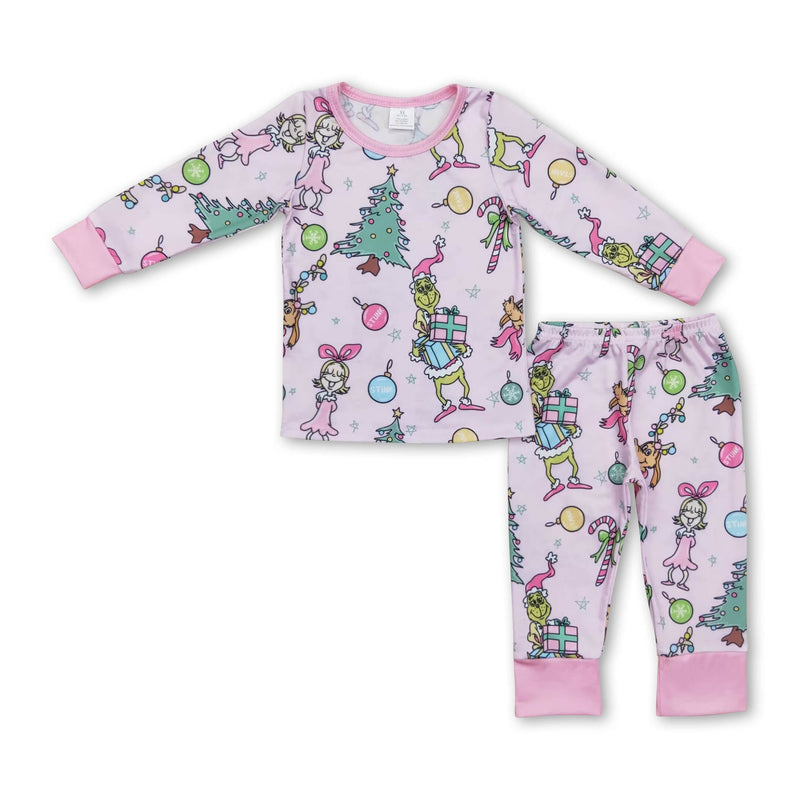 Pink jingle bell green face baby girls Christmas pajamas - BIG FRENCHIES
