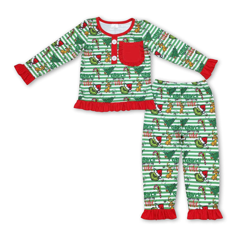 Stripe green face candy cane kids girls Christmas pajamas - BIG FRENCHIES
