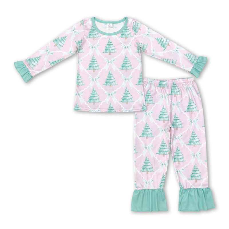 Pink Christmas tree bow kids girls pajamas - BIG FRENCHIES