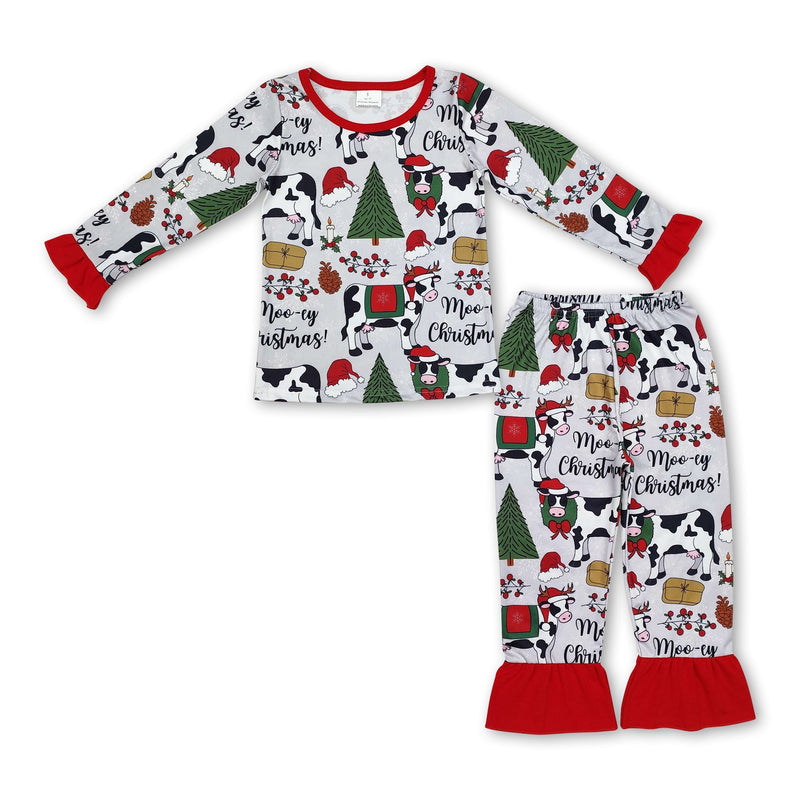 Cows Christmas tree bow kids girls pajamas - BIG FRENCHIES