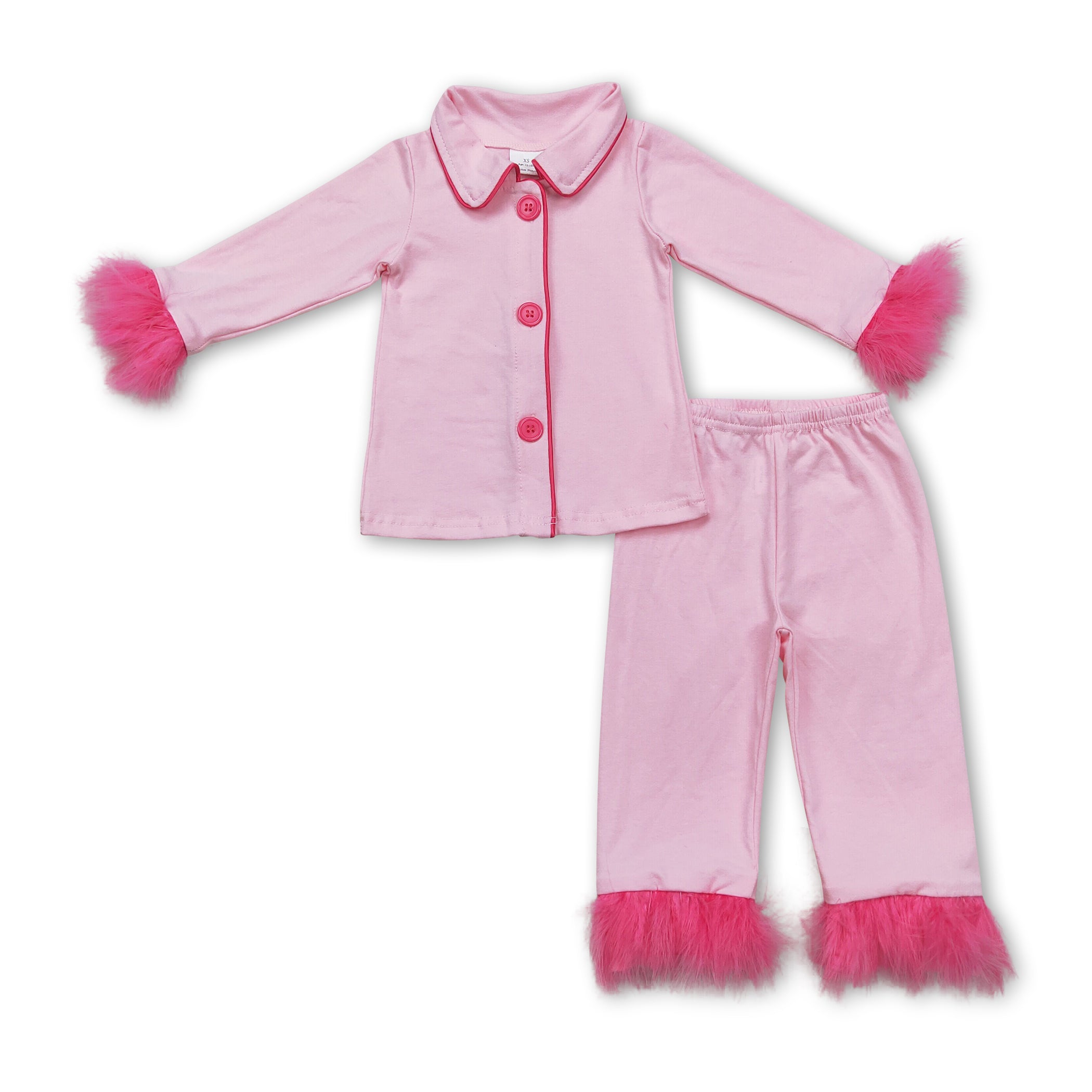 Pink fur ruffle kids girls button down cotton pajamas - BIG FRENCHIES