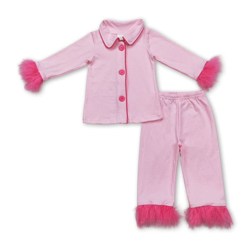 Pink fur ruffle kids girls button down cotton pajamas - BIG FRENCHIES