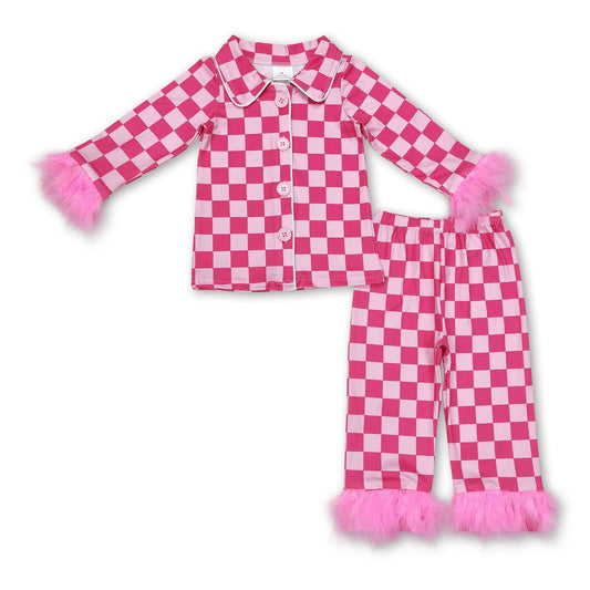 Hot pink plaid fur ruffle kids girls button down pajamas - BIG FRENCHIES