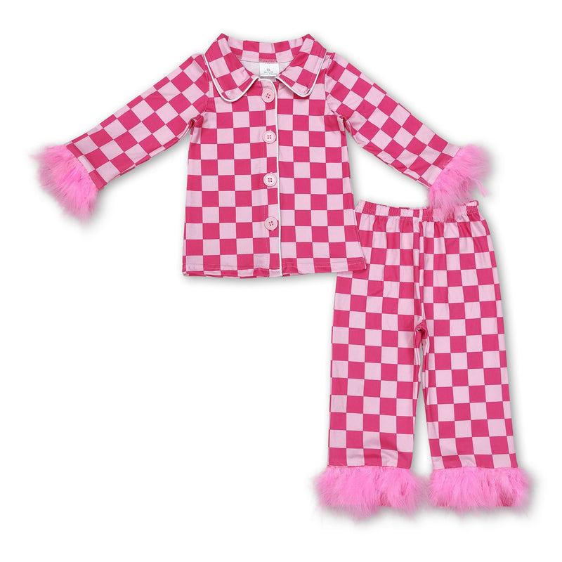 Hot pink plaid fur ruffle kids girls button down pajamas - BIG FRENCHIES