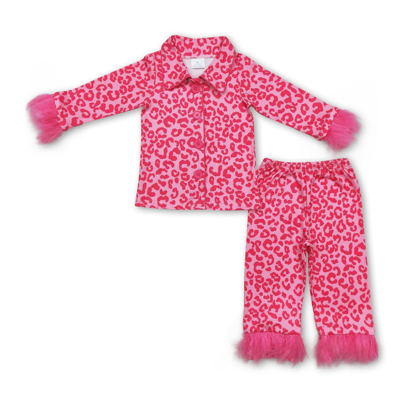Hot pink leopard fur ruffle kids girls button down pajamas - BIG FRENCHIES