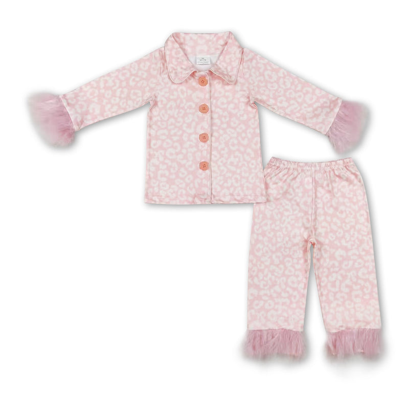 Pink leopard fur ruffle kids girls button down pajamas - BIG FRENCHIES